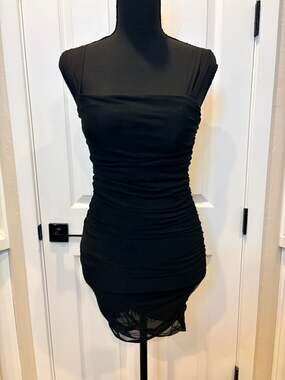 Exarus Ruched Mini Dress Size S Black Mesh (124)